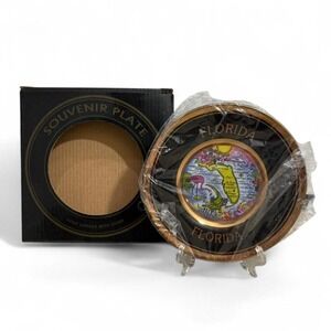 Florida Map black & gold souvenir plate with stand flamingo beach design